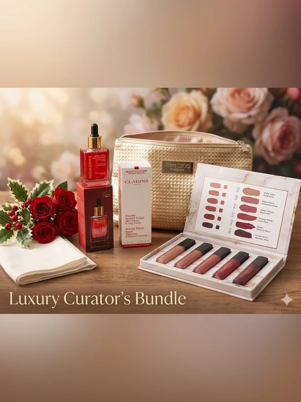 Jimmy Choo Cosmetic Pouch with Clarins, Prédiré Paris & La Prestige Lip Set